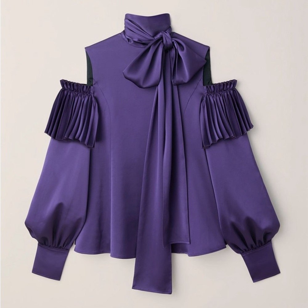 ADEAM Japan Intermix “Ashlee” purple cold shoulder pleated blouse top w ties XS